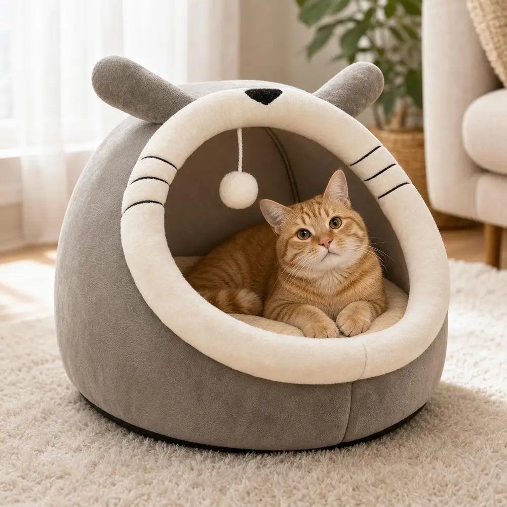 Cute Cartoon Cat Cave Bed - Warm Kitten House Nest – photo 5