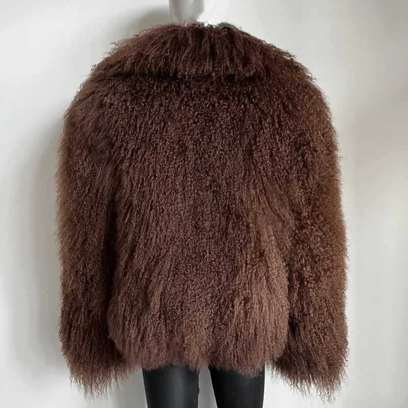 Women's Mongolian Sheep Fur Coat, Turn-Down Collar