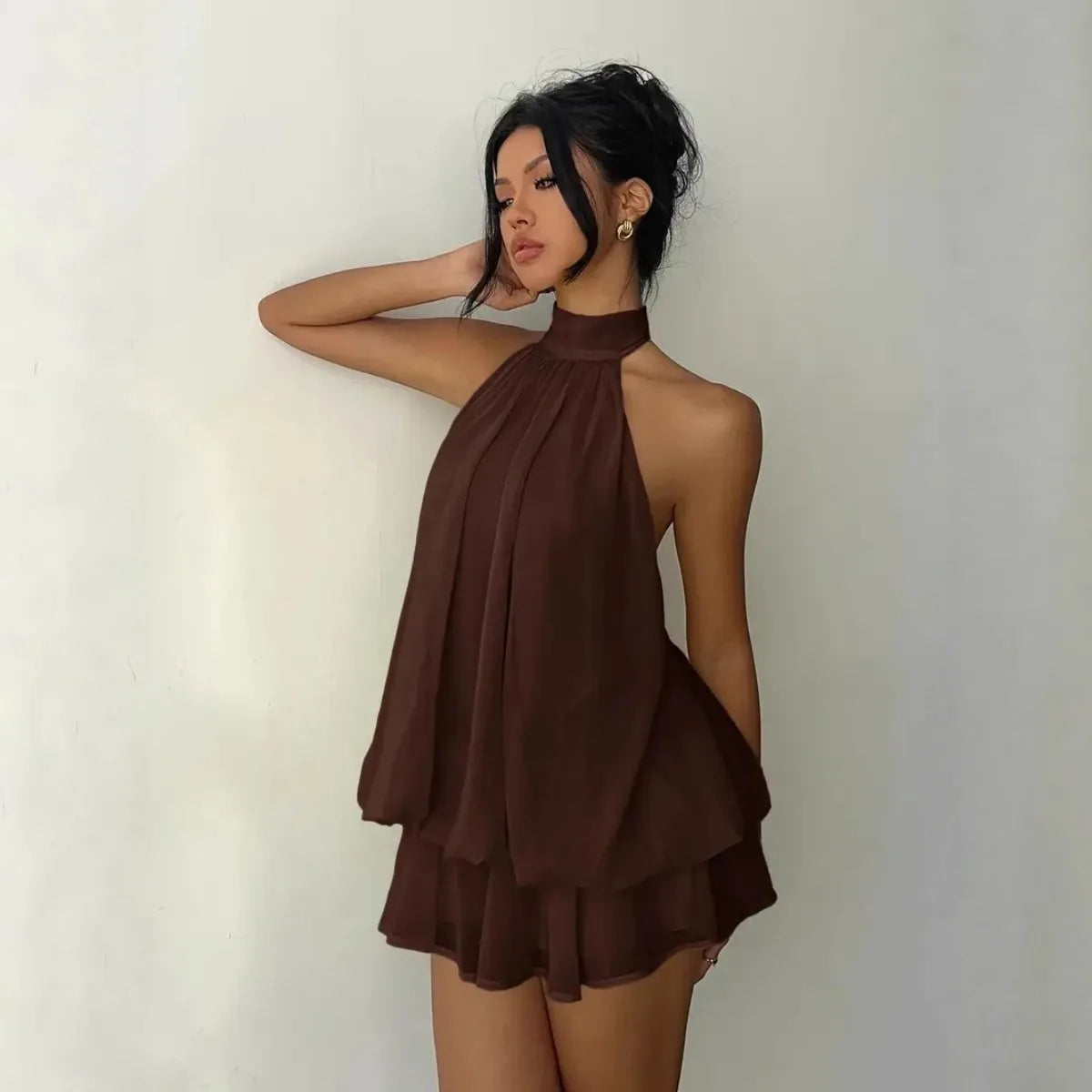 Women's Halter Backless Chiffon Mini Dress — Tie-Front Party Dress