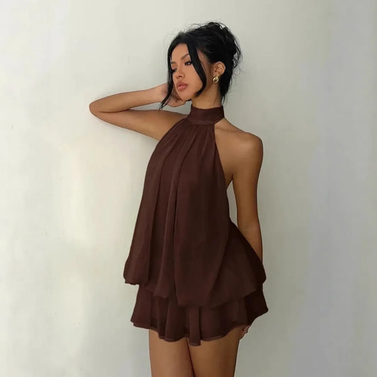 Women's Halter Backless Chiffon Mini Dress — Tie-Front Party Dress