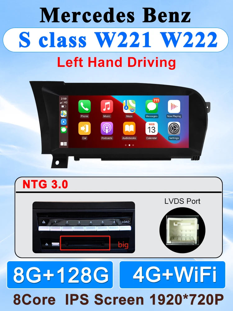 10.25" Wireless CarPlay & Android Auto Display Screen, Compatible with Mercedes-Benz S-Class W221 (NTG 3.0/3.5)