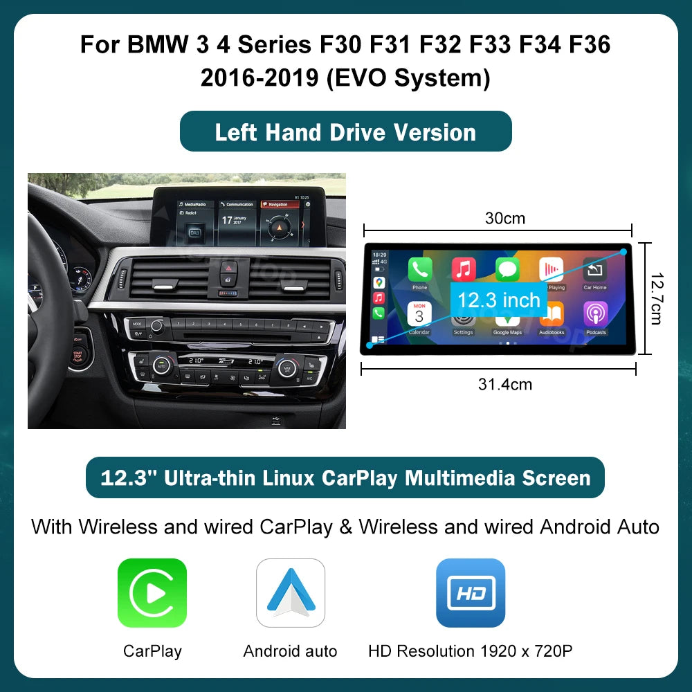 12.3" Wireless CarPlay & Android Auto Display Screen, Compatible with BMW 3 4 Series F30 F31 F32 F33 F34 F36