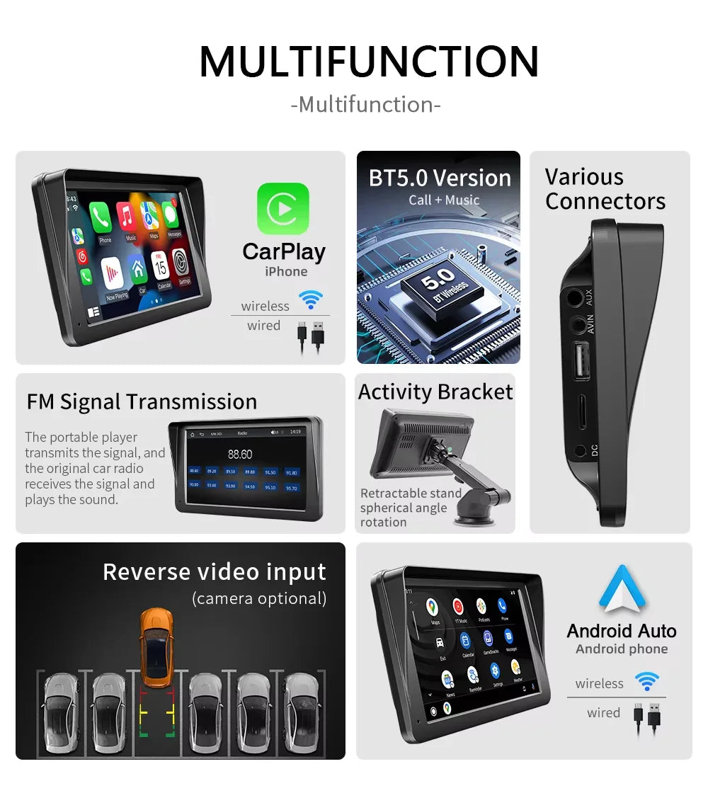 BQCC 7" Portable Car Stereo — Wireless CarPlay & Android Auto Touchscreen, Universal Fit