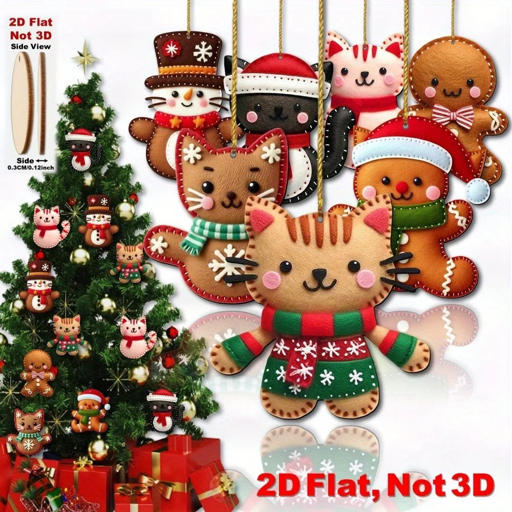 2D Flat Gingerbread Cat Tree Toppers Artificial Wood Christmas Ornaments with Hanging Loop Xmas Tree Holiday Home Decor Supplies