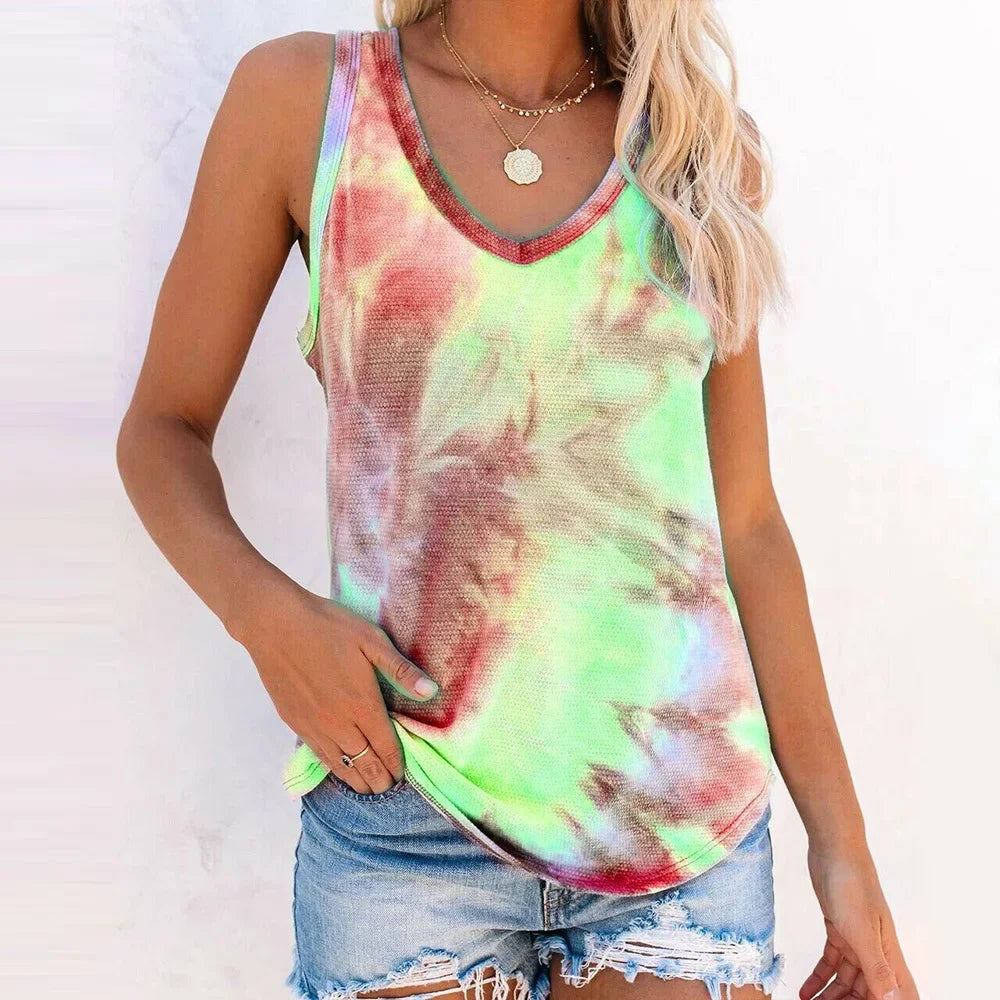 Women's Tie-Dye Cloud Sunflower Print Sleeveless Vest T-Shirt – Casual Summer Top