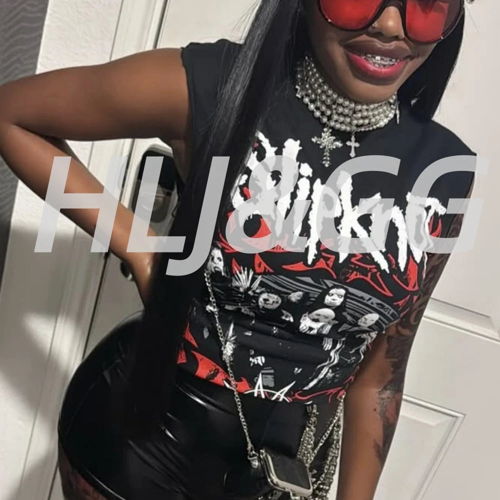 HLJ&GG Black Fashion Graphic Printing Loose T Shirts Women Round Neck Sleeveless Tops Summer New Female Hip Hop Streetwear 2025
