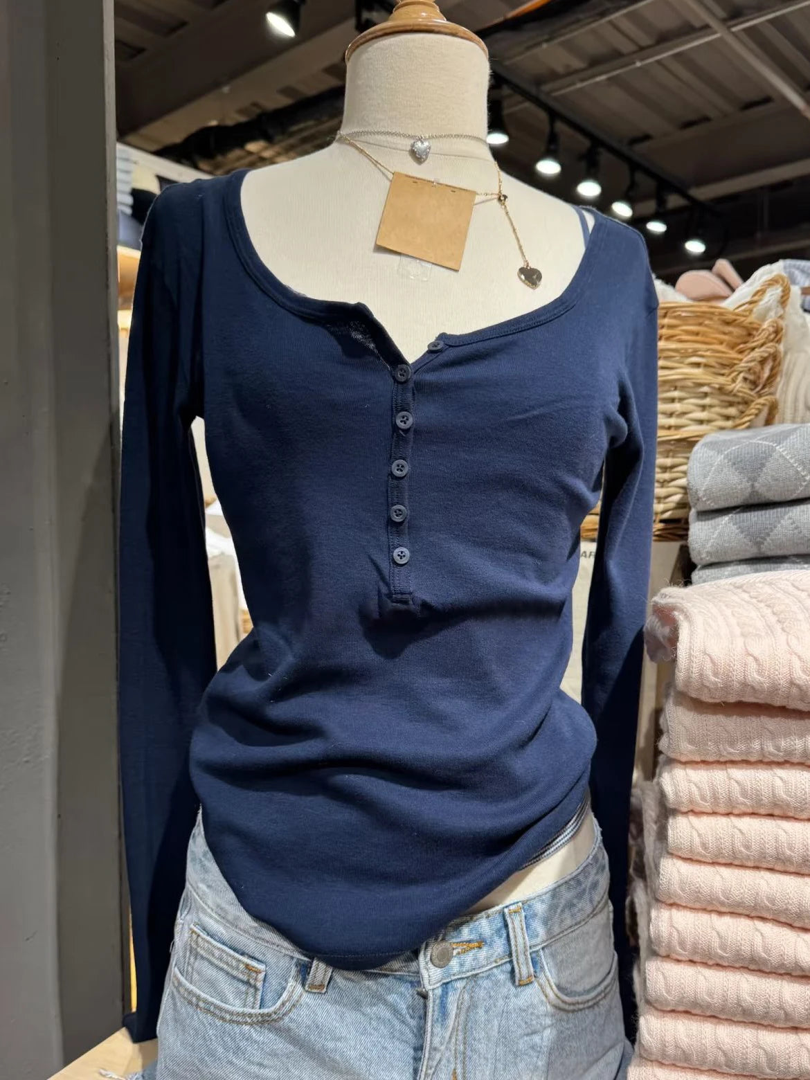 Women's Ribbed Long-Sleeve Top — Six-Button Slim Round-Neck Y2K Tee