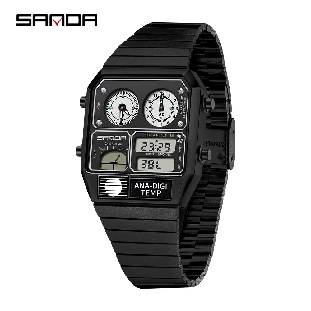 SANDA 3192 Men's Sport Watch – Analog-Digital LED, Waterproof, Stainless Steel