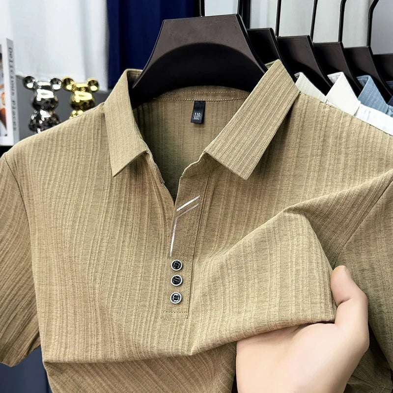 Men's Vertical-Texture Polo - Lightweight Soft, Three-Button Lapel