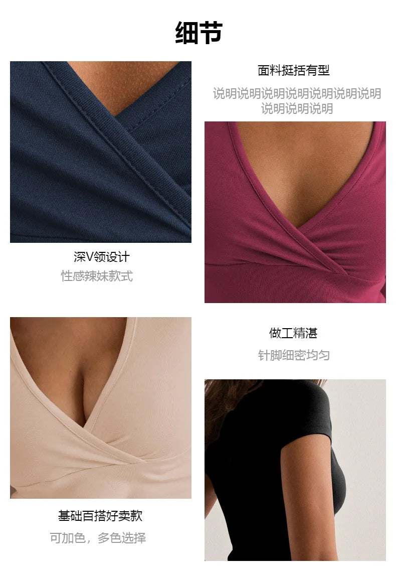 2026 Summer New Fashion Women's T-Shirt Solid-Color Slim-Fit V-Neck Short-Sleeve Top Y2k Clothing