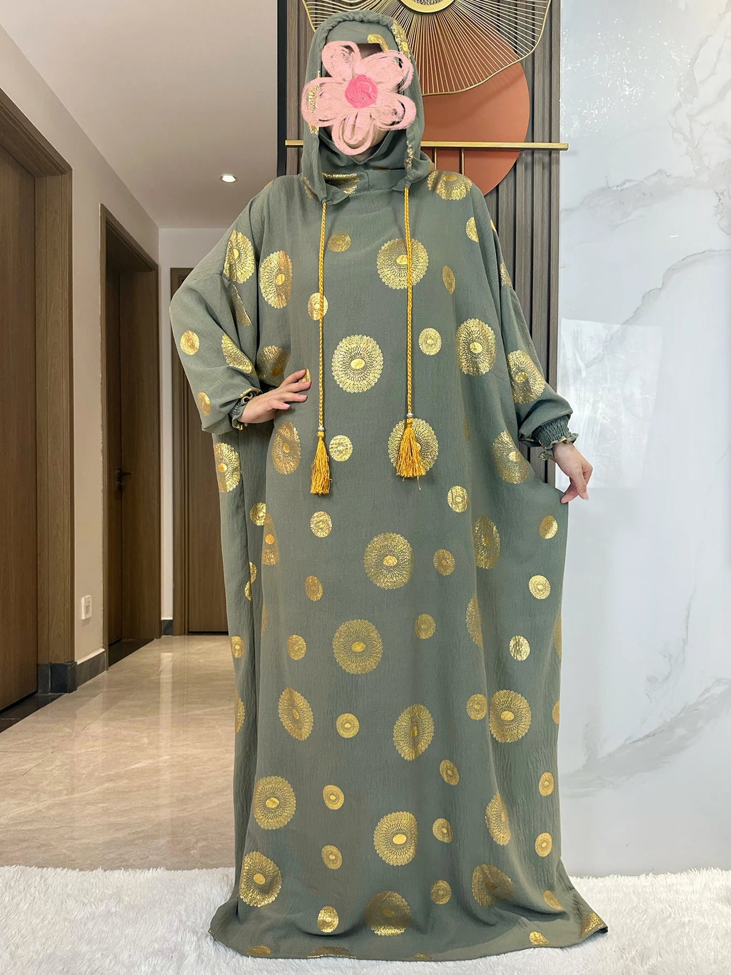 Women's Cotton Embroidered Abaya Kaftan – Gold Dust Shimmer, Loose Fit, All-Season Muslim Dress