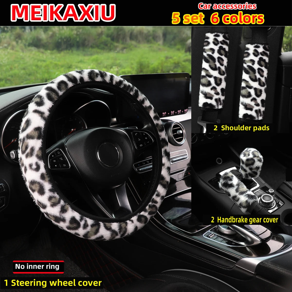 5 set fur leopard print car without inner ring steering wheel cover shoulder cover gear shift cover car decoration for women