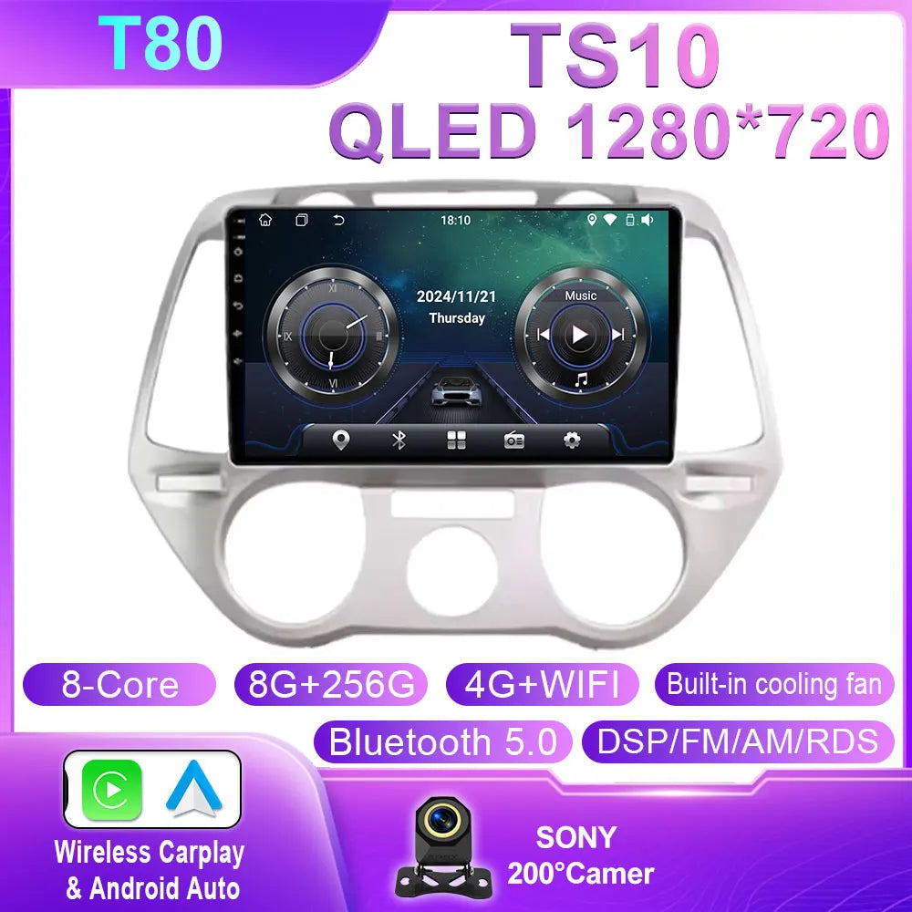 Android 16 Carplay For Hyundai i20 2008 2009 2010 2011 2012 Car Radio Stereo Multimedia Video Player DSP GPS 4G WIFI QLED Screen