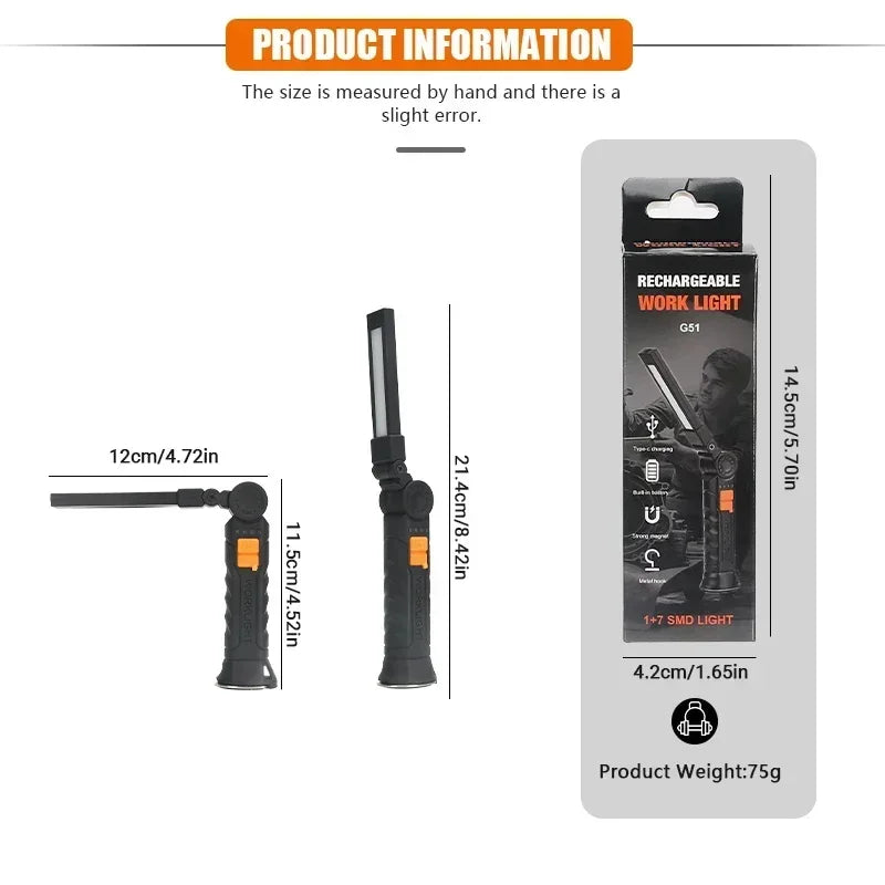 1pc COB LED Work Light Dimmable USB Rechargeable LED Flashlight Inspection Lamp With Magnet&Hook 14500/18650 Battery Torch light