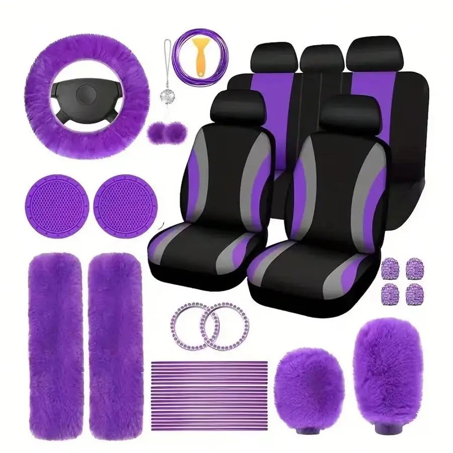 35-Piece Luxury Car Seat Cover Set - Soft Fluffy Steering Wheel Cover, Universal Safety Belt Protectors, Gear Shift Cover, Fashionable Interior Accessories For Women - Premium Polyester Fiber, Easy To Install, Stylish, And Pr