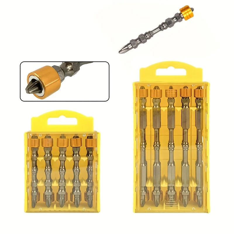 5pcs PH2 Hardness 65mm/110mm Double Cross Head Magnetic Electric Screwdriver Bit Phillips Screw Driver With Ring,Yellow