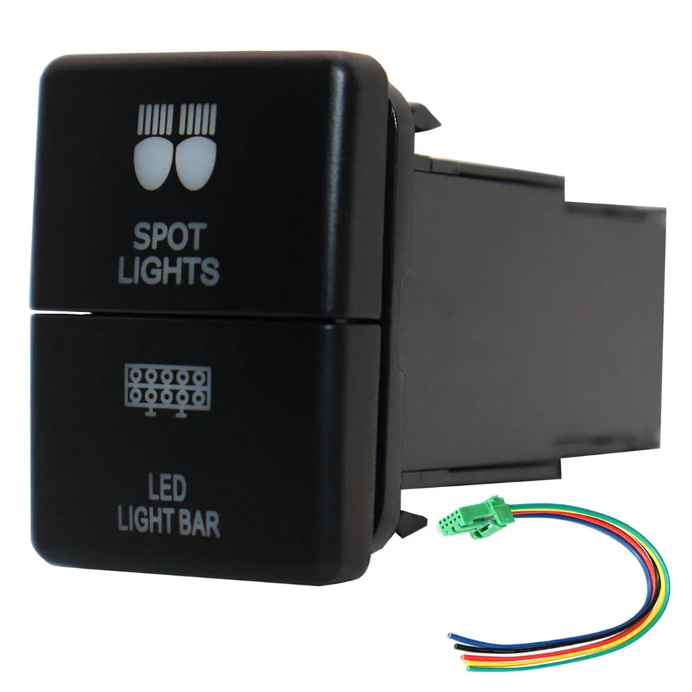 12V Dual Push Button Switch ON-Off Blue/Green Backlit 32.5mm X 22mm for Toyota 4Runner Hilux Prado RAV4, with Connector Wire