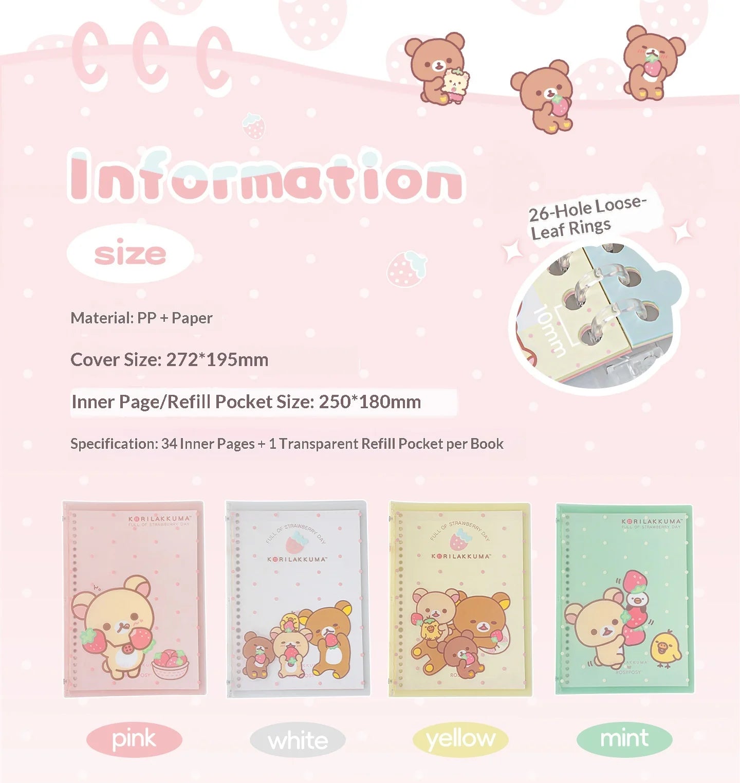 Rosyposy Korilakkuma Strawberry B5 Loose Leaf Notebook Soft Cover Cute Journal For Daily Study Writing Note Taking