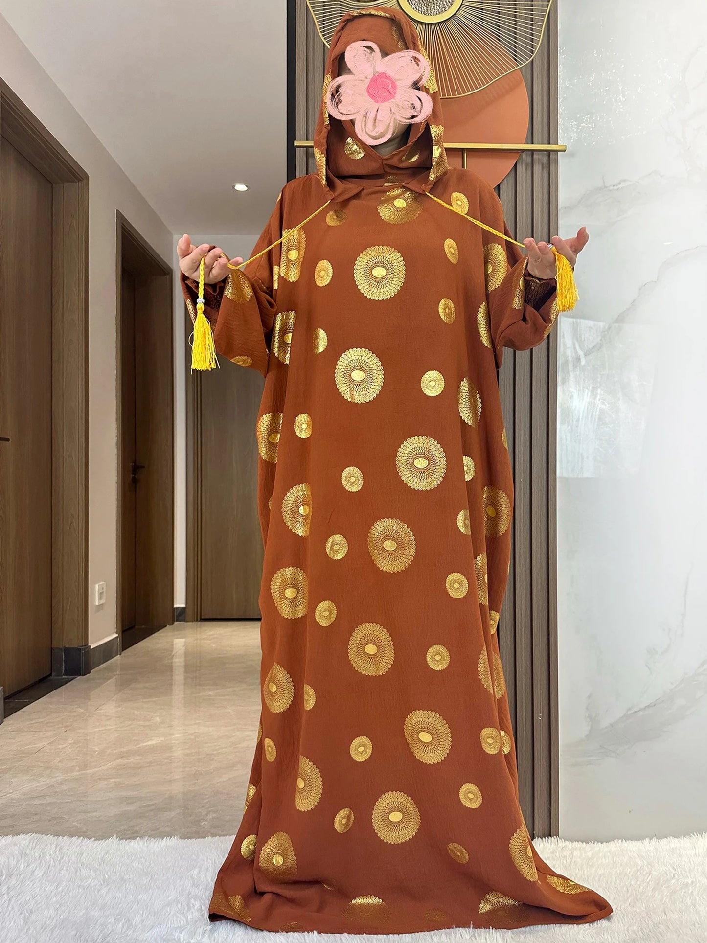 Women's Cotton Embroidered Abaya Kaftan – Gold Dust Shimmer, Loose Fit, All-Season Muslim Dress