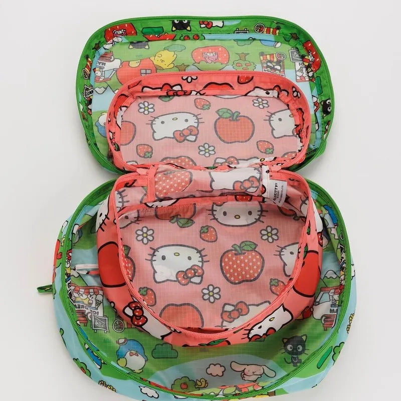 2pcs S＆M Japanese Kt Cat Cartoon Full Page Print, Lightweight Travel Bag, Outdoor Travel Clothing Storage Bag, Two-Piece Set