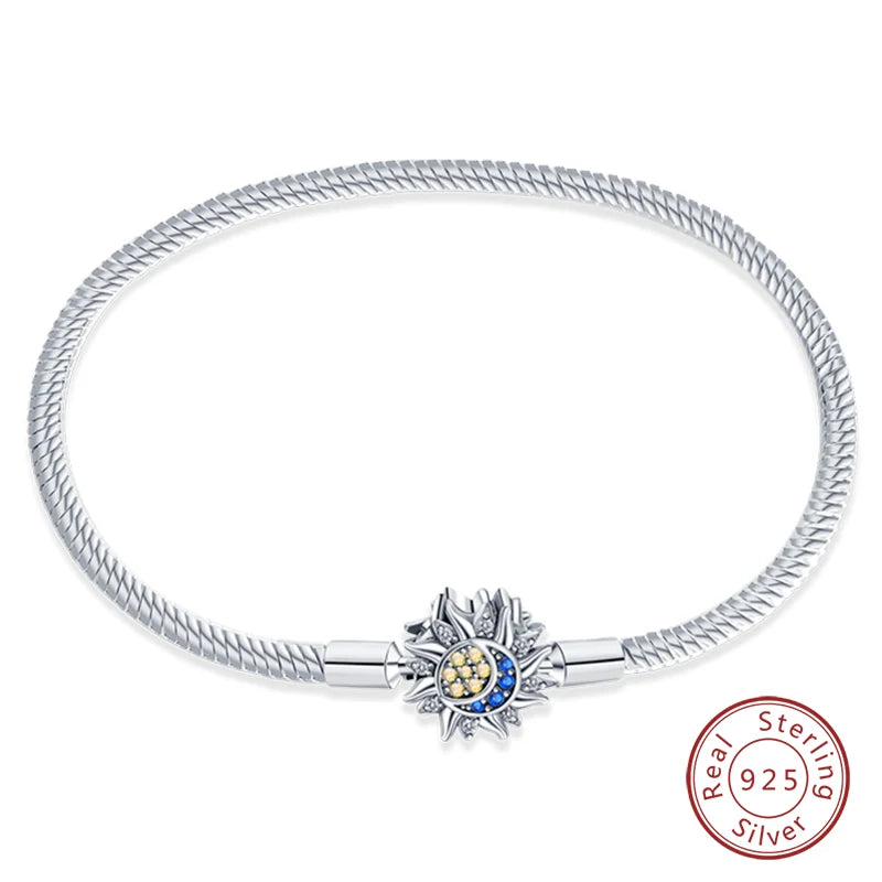 925 Sterling Silver Charm Bracelet – Star Moon Sun Four Leaf Clover Zircon | DIY Birthday Gift for Women (17-20cm)