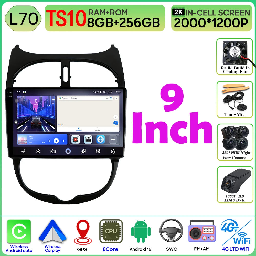 Android 16 Car Radio For Peugeot 206 206CC 1998-2012 Car Stereo Bluetooth 4G Wifi GPS Navigation Screen Wireless Carplay Monitor