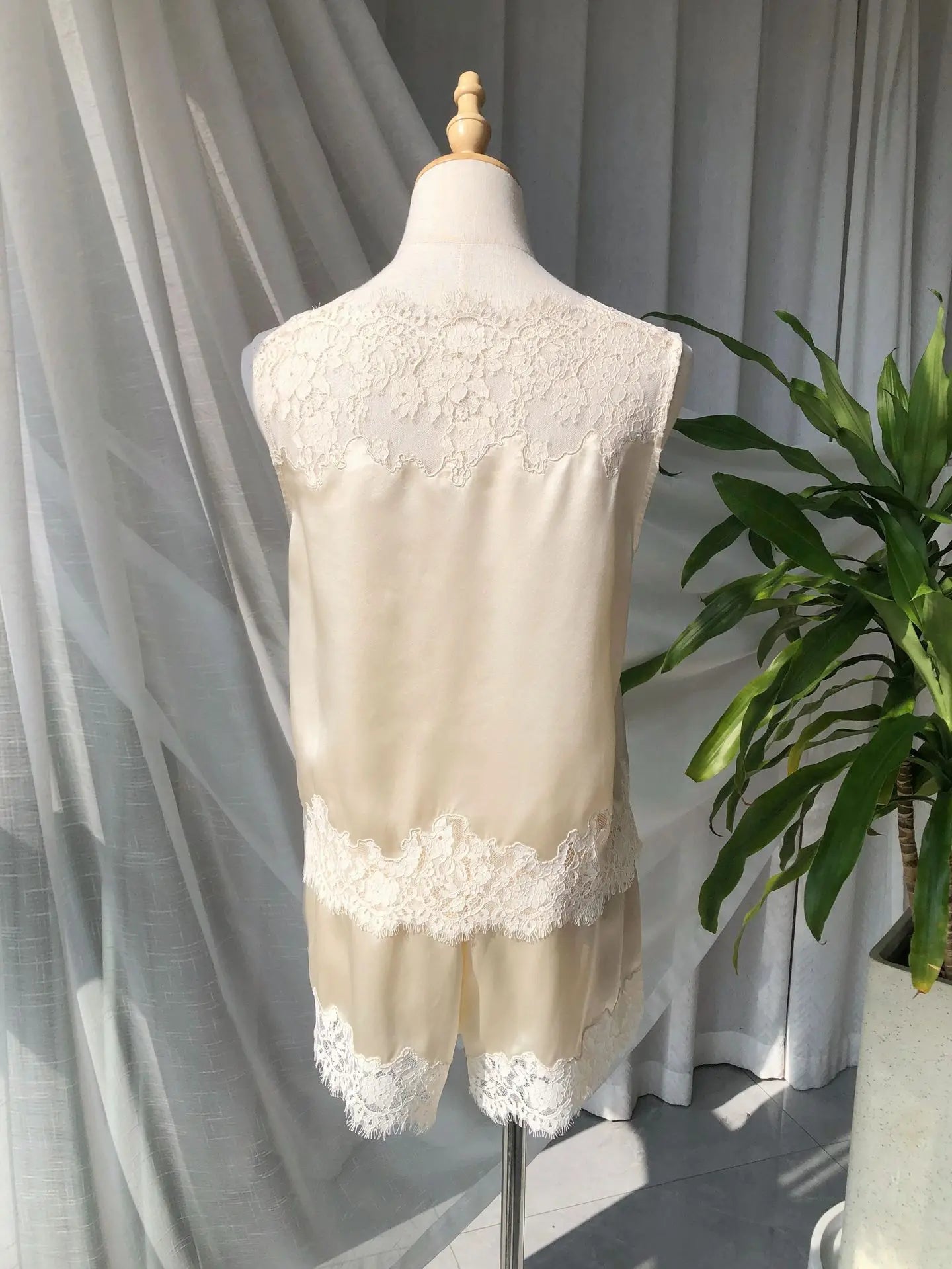 Soft Satin Lace Romantic French Lace Embroidered Satin Silk Sleeveless Vest Shorts