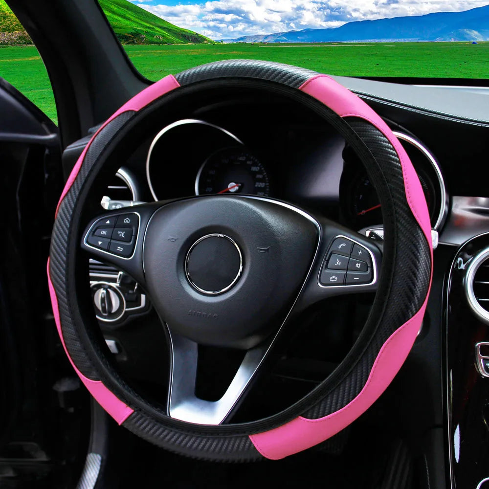 Carbon Fiber PU Leather Steering Wheel Cover – Universal Fit 14.5–15 Inch | Anti-Slip Car Interior Accessory