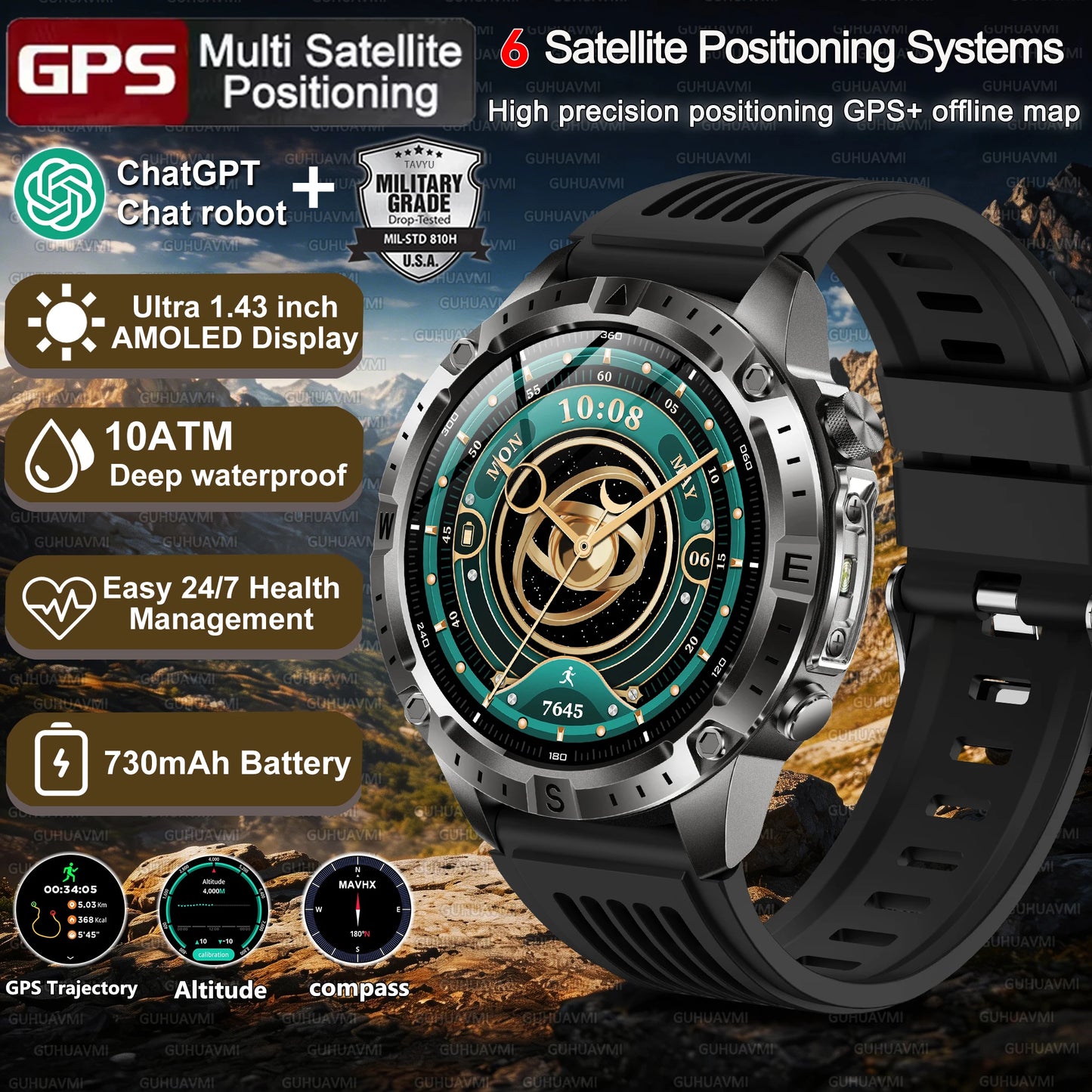 Military-Style GPS Smart Watch — Offline Maps, 10ATM, 2GB RAM