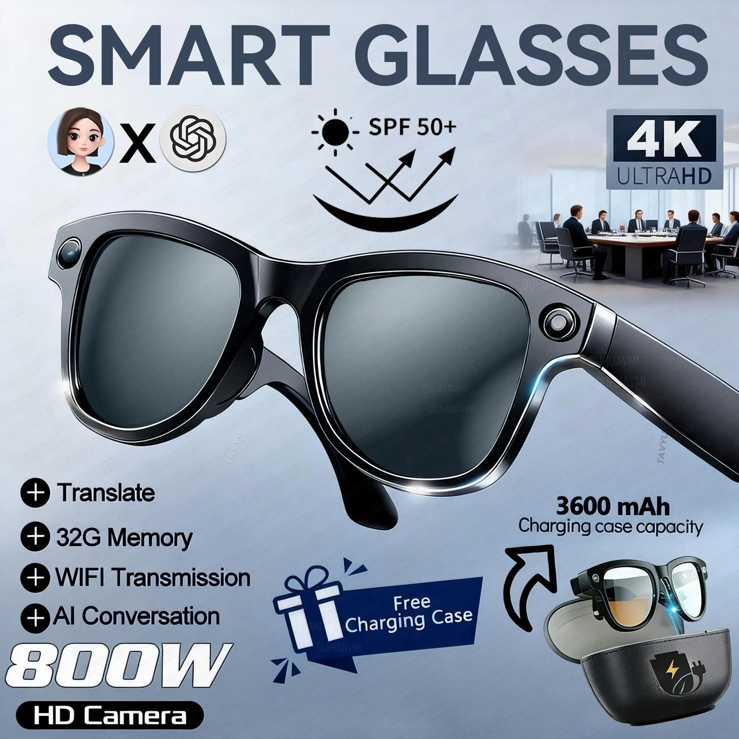 AI Smart Glasses — 800W Anti-Shake Camera, Translation & Calls