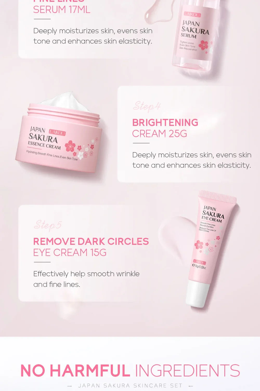 LAIKOU Sakura Kit Skin Care Sets Moisturizing and Reducing Fine Lines Cleansing Pore Product 5-Piece Korean Skincare Set