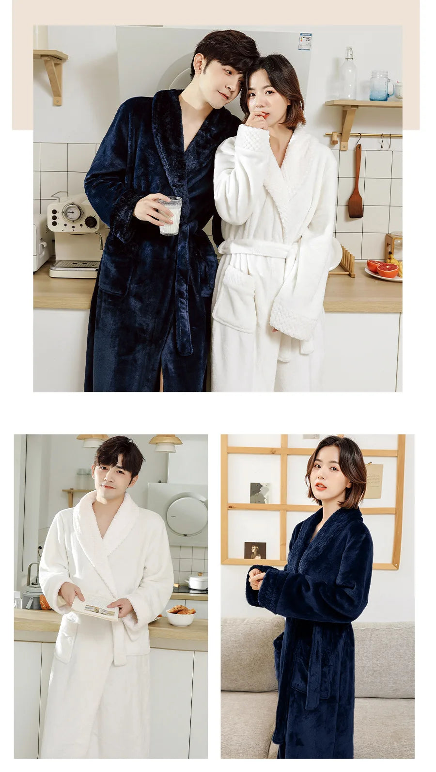 Couples Flannel Robe, Long Warm Fleece Bathrobe for Men and Women
