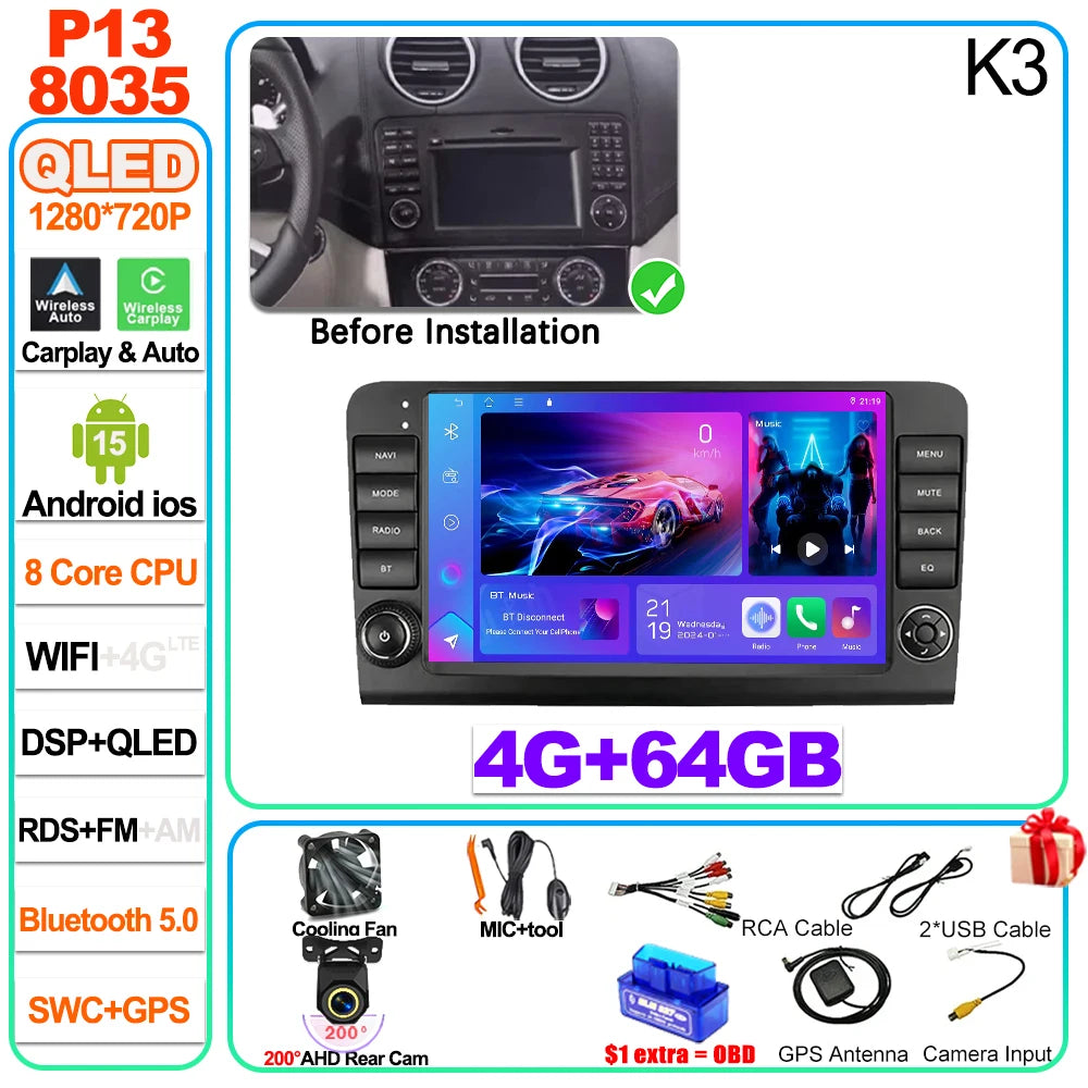 Car Stereo with Apple CarPlay & Android Auto, Compatible with Mercedes-Benz M-Class W164 & GL-Class X164
