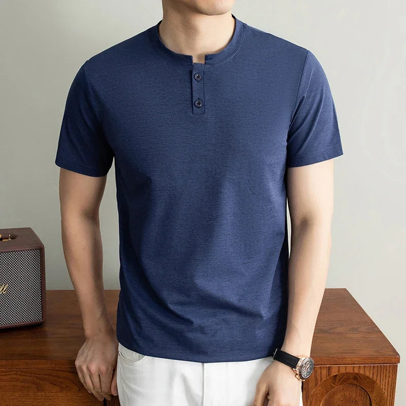 Men's Thin-Knit Henley - Two-Button Split Neck, Slim Elastic Fit