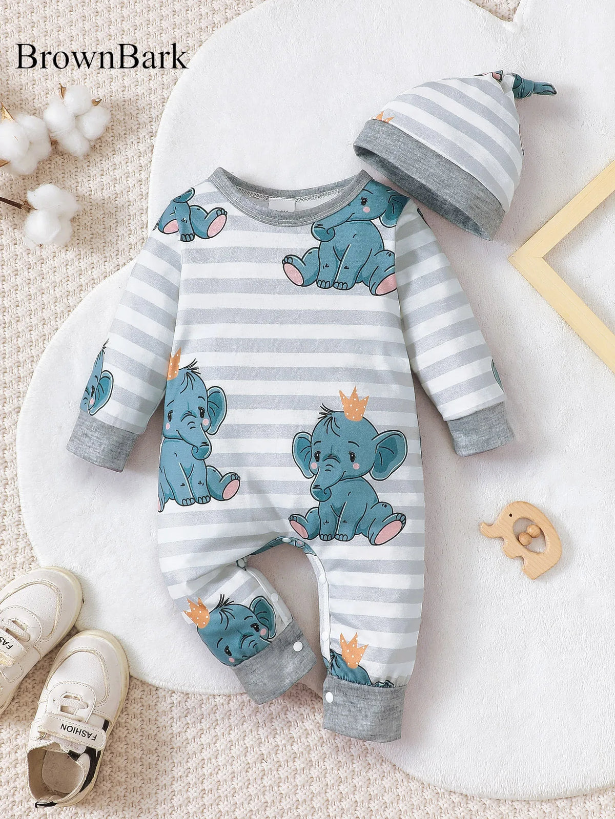 Baby Boy Bear Print Romper - Long Sleeve Button-Front Onesie - photo 5