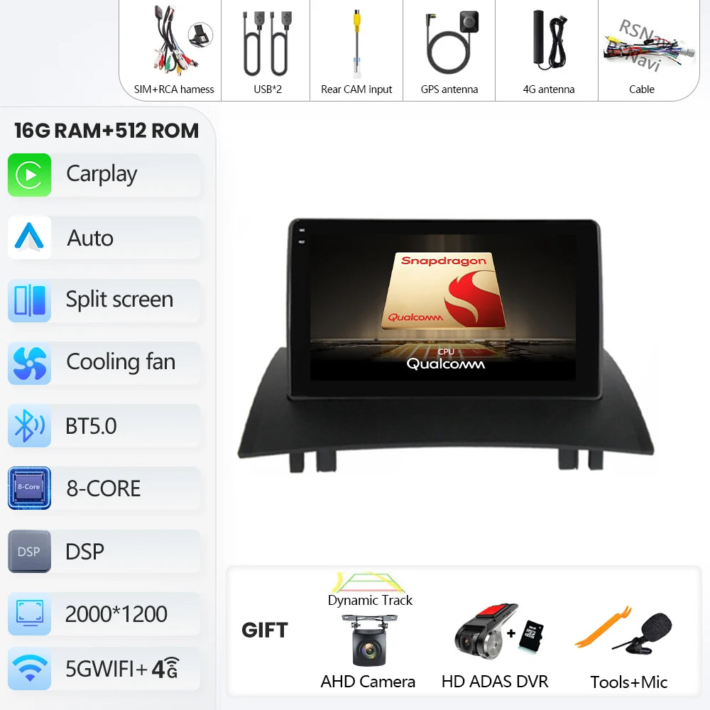Android 16 For Renault Megane 2 2002-2009 2K QLED Android Car Radio Multimedia Video Player GPS Stereo CarPlay 4G Navigationv BT