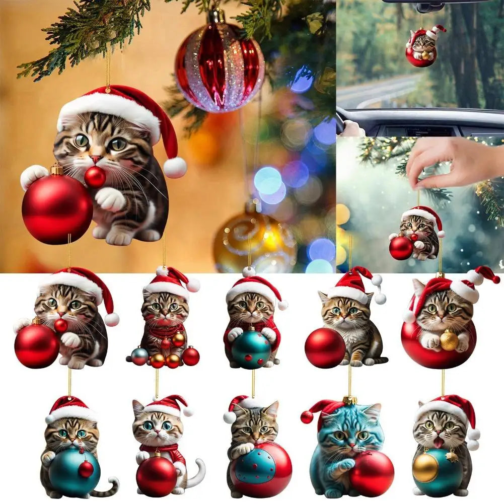 Cute Cat Christmas Tree Decorations 10PCS Acrylic Ornaments Santa Hat Animal Hanging Pendants Xmas Holiday Gifts Decor