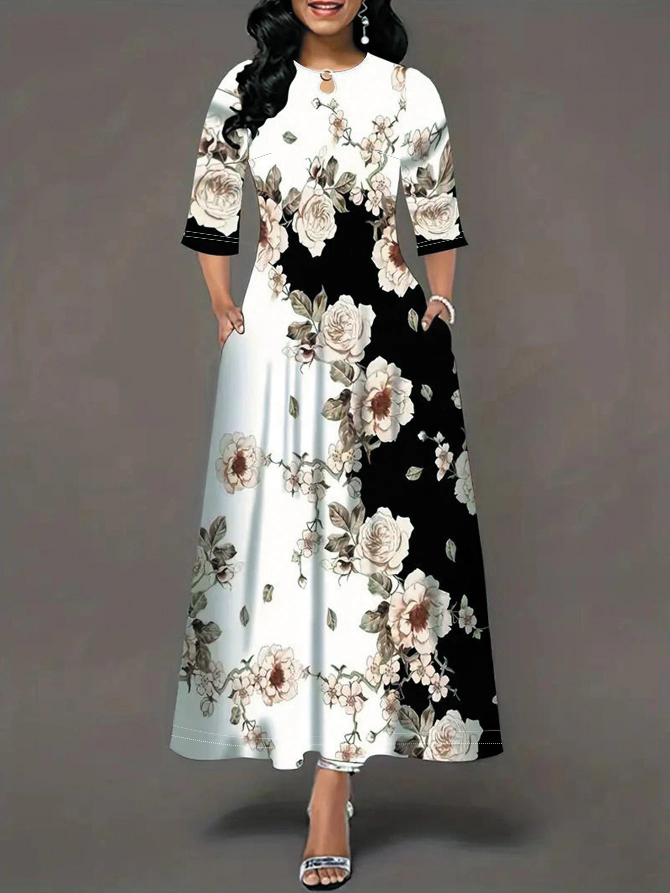 Women's Casual Dress, Plus Size  Print Half Sleeve Round Neck Maxi Dress With Pockets