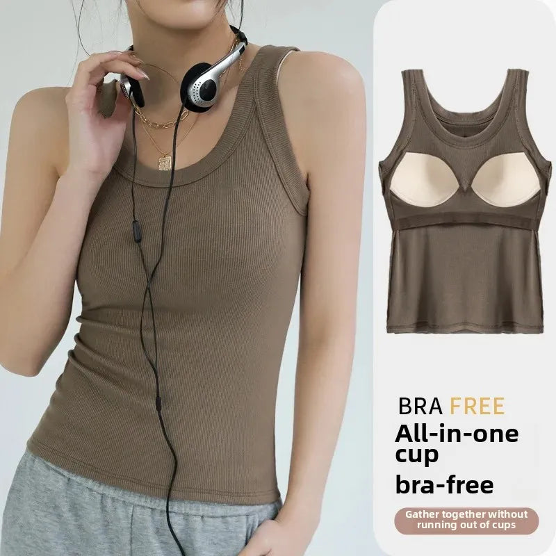2-in-1 T-Shirt Bra Combo Top- Women's Seamless Built-in Vest,Summer Breathable Sleeveless Shirt & Casual Undershirt Sexy Top Y2k