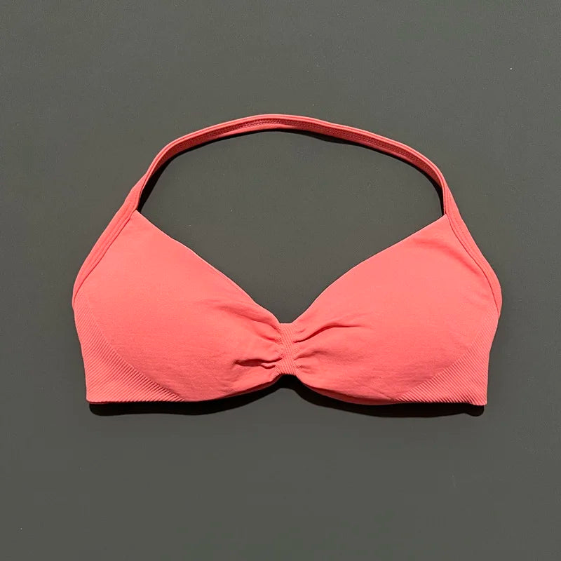 HISTELLO Df Solid Color Impact Strappy Bra Women Seamless Yoga Underwear Fitness Workout Halter Top Running Gym Sports Bra