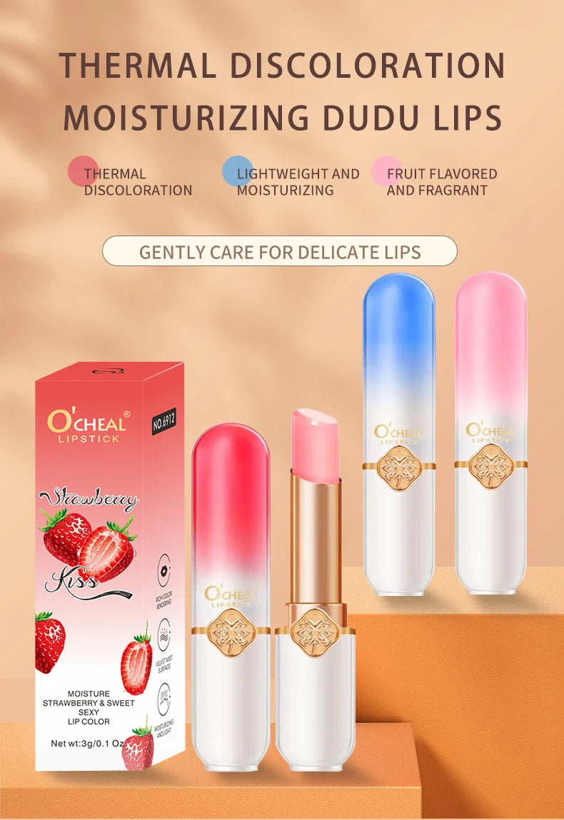 O'CHEAL Color Changing Fruit Lip Balm – Moisturizing Waterproof Temperature Changing Lipstick | Strawberry, Blueberry & Peach