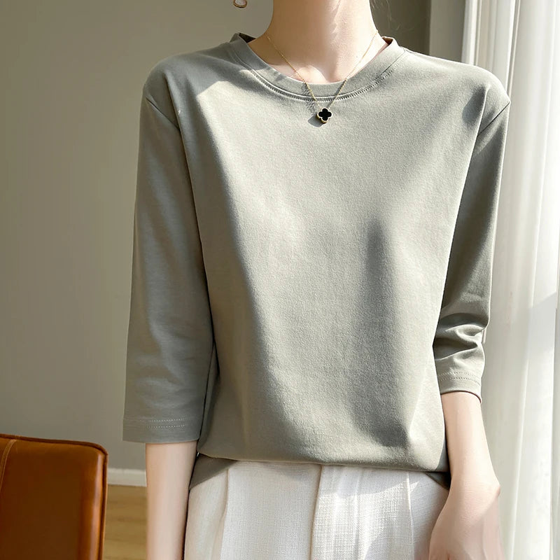 Women's Mercerized Cotton T-Shirt — Loose Round-Neck Half-Sleeve Top