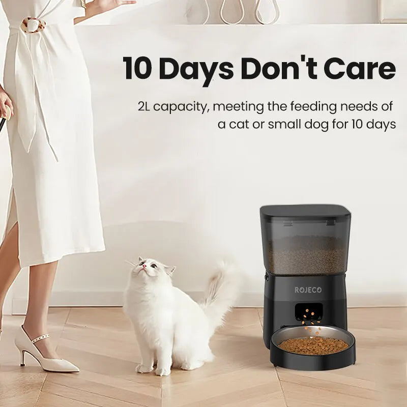 ROJECO Automatic Pet Feeder – 2L Smart Button Control Cat & Dog Food Dispenser | US/EU/KR Plug