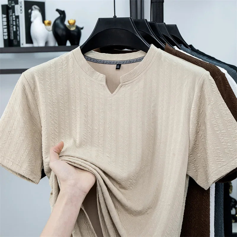 Men's Bubble-Texture Tee - Split Collar, Soft Anti-Wrinkle Stretch