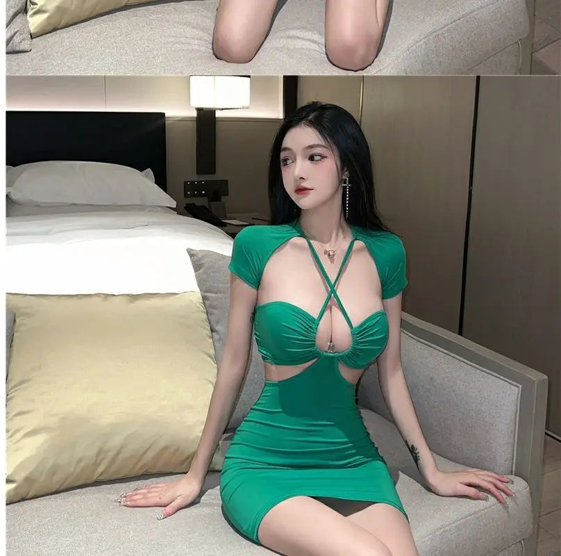 Women's Hollow Back Halter Neck Bodycon Mini Dress – Sexy Slim Wrap Hip Skirt | S–L (Green, Black, White)