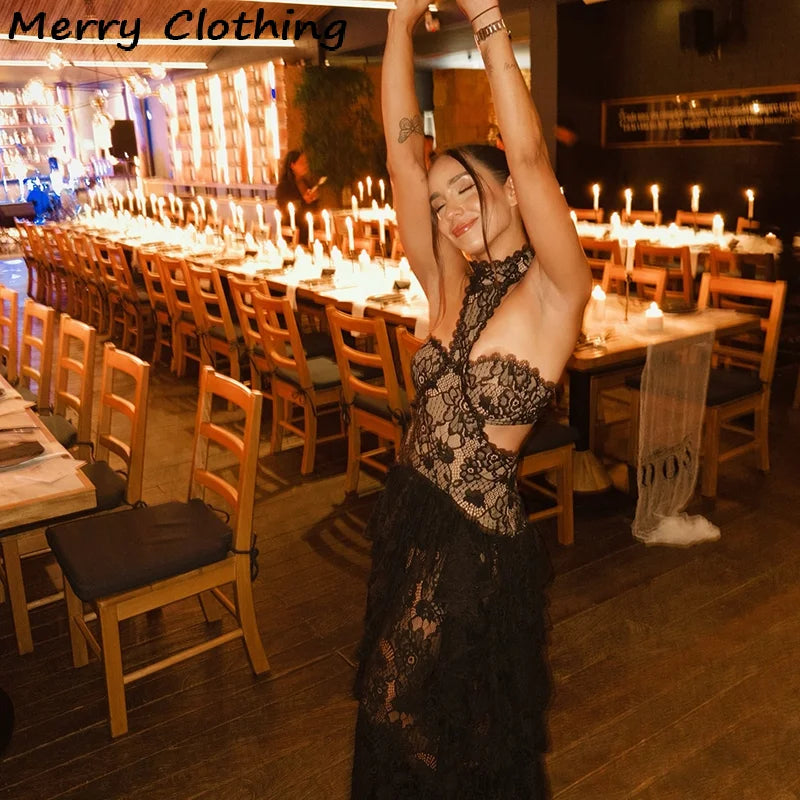 Sexy Lace Patchwork Dress Women Hollow Out Sleeveless Party Club Long Skirt See Through Halter Evening Gown Vacation Lady Robes