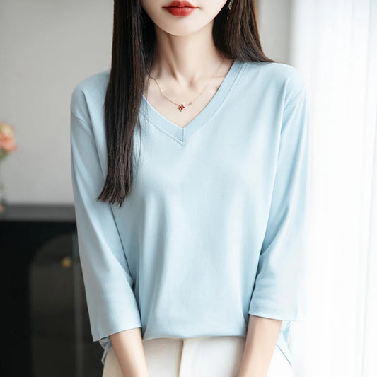Women's Mercerized Cotton V-Neck T-Shirt – 3/4 Sleeve - photo 6