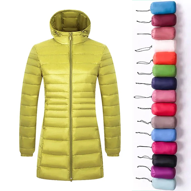 Women's Long Puffer Coat with Storage Bag - Light Hip-Length Jacket