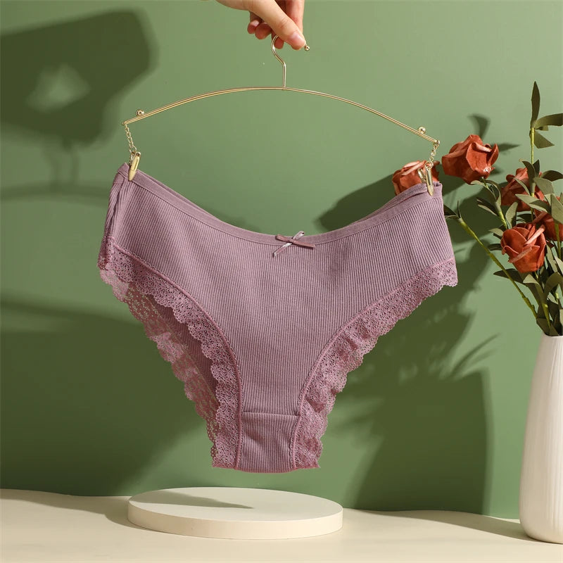 2PCS Cotton Panties for Women Sexy Lace Brazilian Briefs Female Low-Waist Cross Webbing Underpants Stretch Breathable Intimates