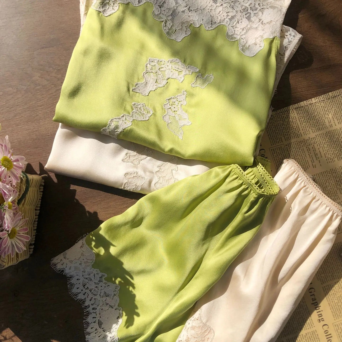Soft Satin Lace Romantic French Lace Embroidered Satin Silk Sleeveless Vest Shorts